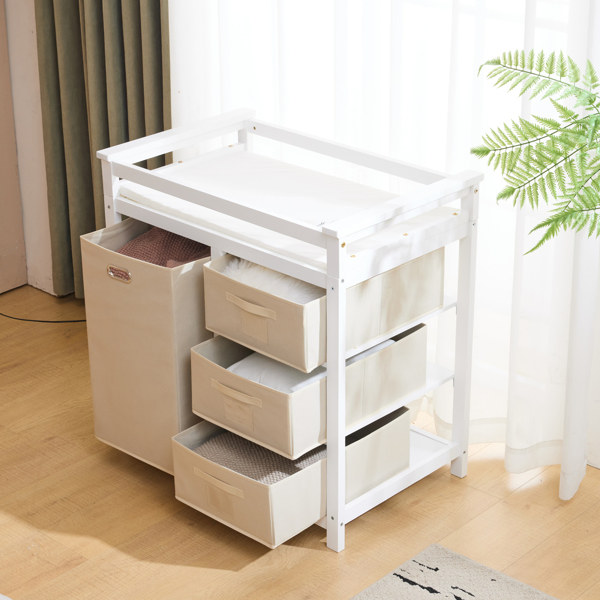 White painted pine wood frame, removable top, 87*53*87.5cm children's wooden bed with 3 fabric drawers + 1 fabric bag, and a changing table-55