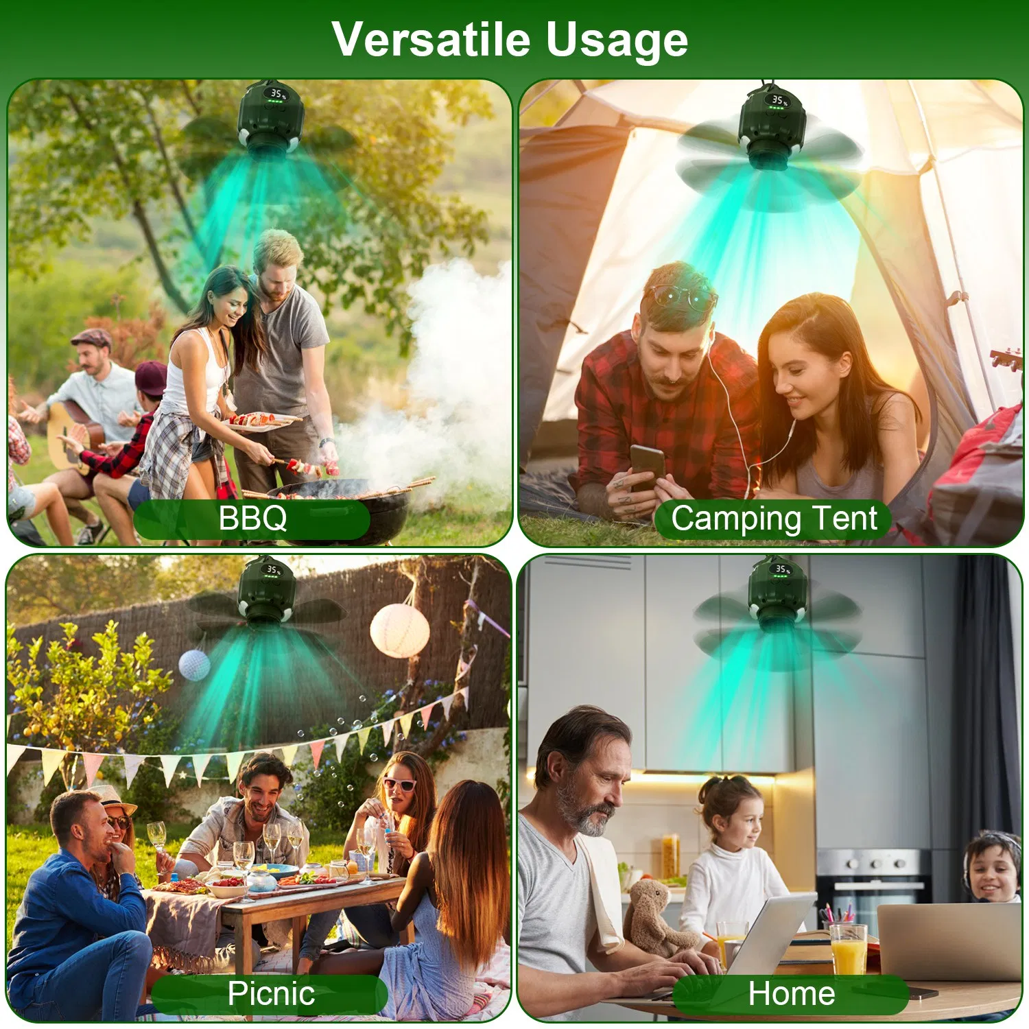 Rechargeable 3-in-1 Camping Fan, LED Lantern Hanging Fan with Large Capacity Battery, USB Power Bank, Low Noise & Timer Function for Outdoor Adventures image 2