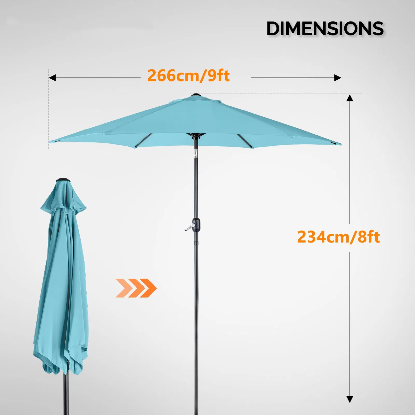9ft Patio Umbrella, Outdoor Market Umbrella with Push Button Tilt, Crank Handle, 6 Sturdy Iron Ribs, UPF 50+ Waterproof Polyester Canopy, KD Design for Garden, Deck, Backyard, Poolside, Sky Blue image 15