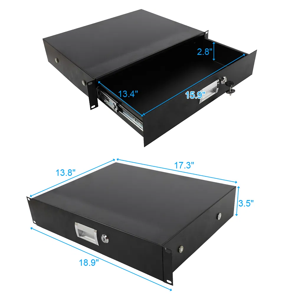 19" 2U Steel Plate DJ Drawer Equipment Cabinet with Keys Black image 2