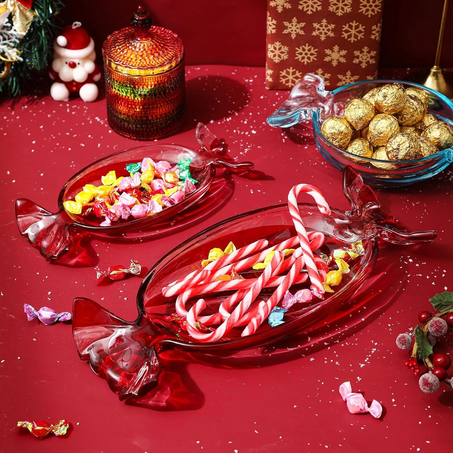 Christmas Candy Glass Plate, Christmas Theme Serving Tray for Holiday Desserts, Cookies & Candy Display, Festive Party Bowl, Red XMAS Decorations Small 9.2x4.3 Inch image 2