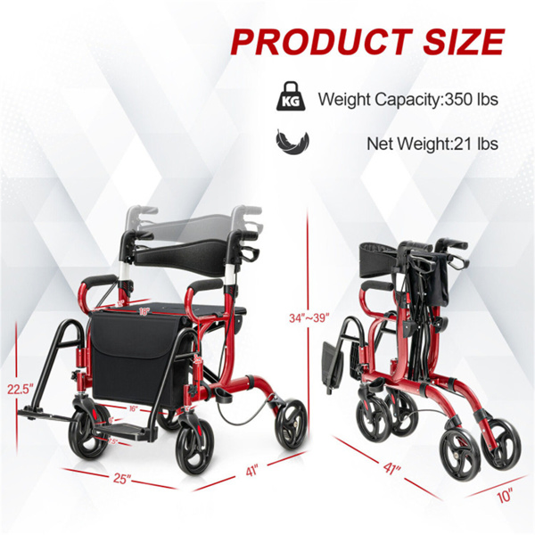 2-in-1 Rolling Walker & Wheelchair : 6-Position Height Adjustment (34