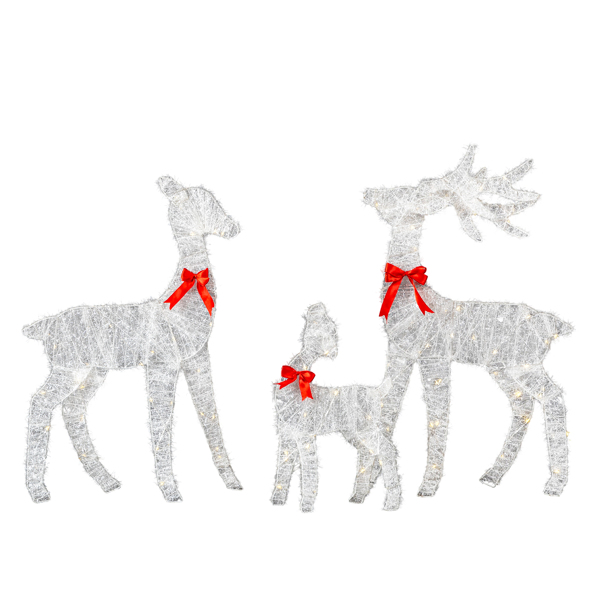 3-Piece Lighted Tinsel Christmas Reindeer Family Set Outdoor Decorations, Weather Proof Deer Family Set of 3 Christmas Ornament Home Decor Pre-lit 110 LED Warm White Lights, 2.4FT, White-28