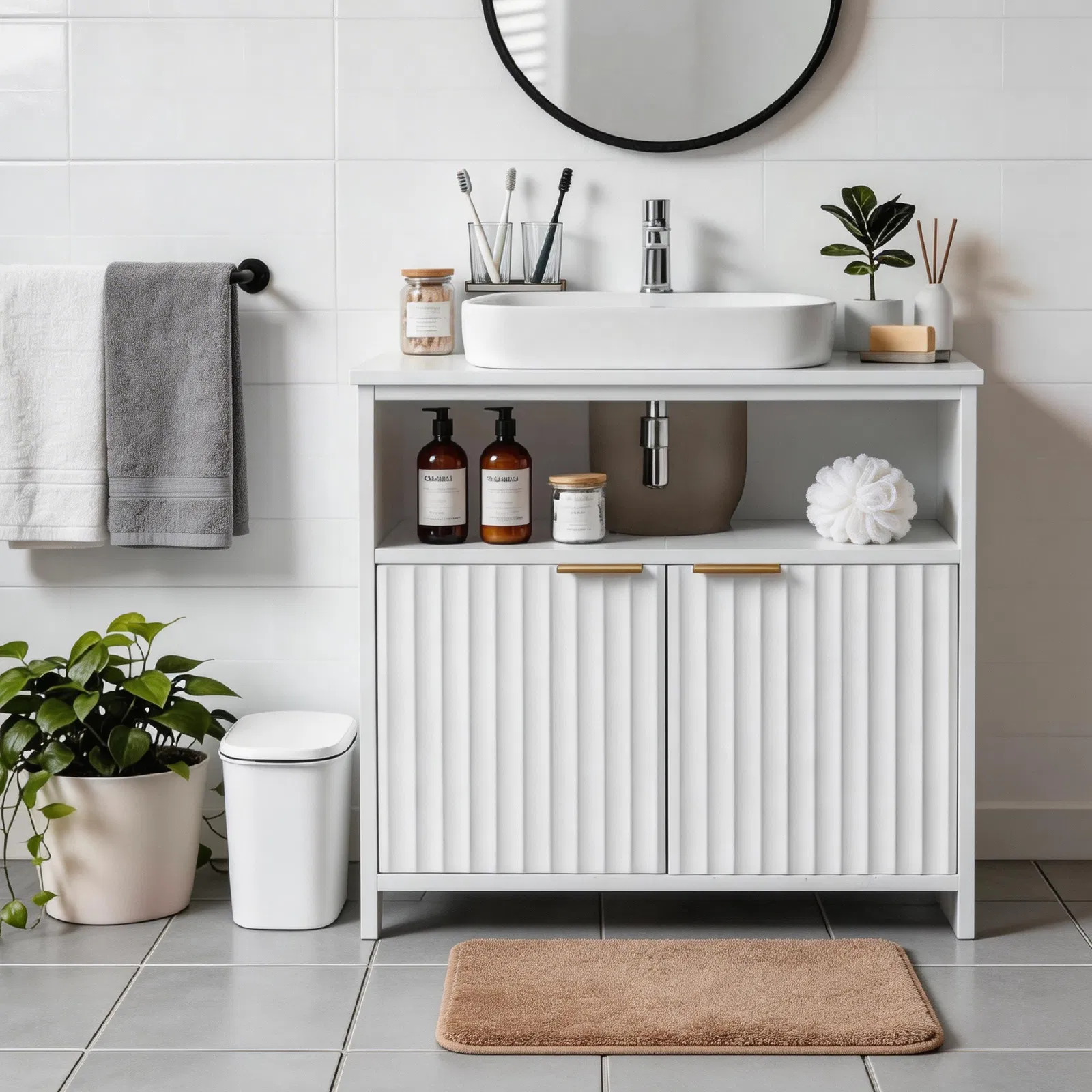 White particleboard with melamine veneer, grille thermoformed, two-door, one-shelf bathroom vanity unit… image 9