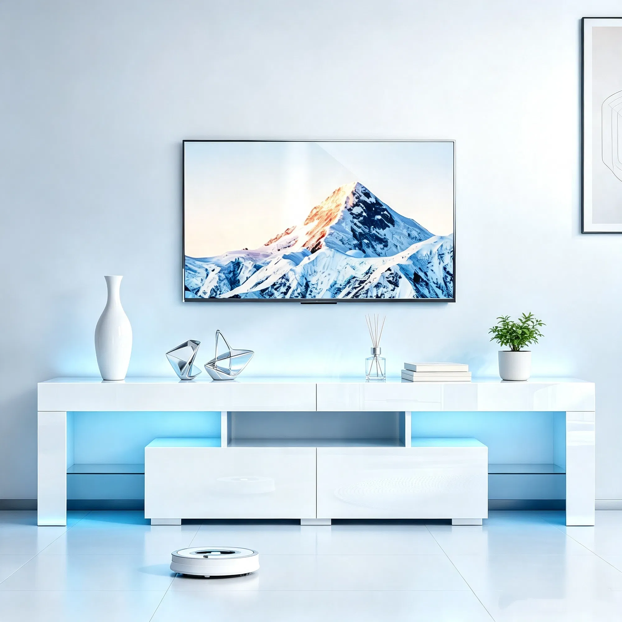 White High Gloss TV Stand with RGB LED Lights, MDF Entertainment Center with 2 Drawers & Tempered Glass Shelves, Modern Media Console Table for TVs Up to 70 Inches, 61.4 13.8 15.7 Inches