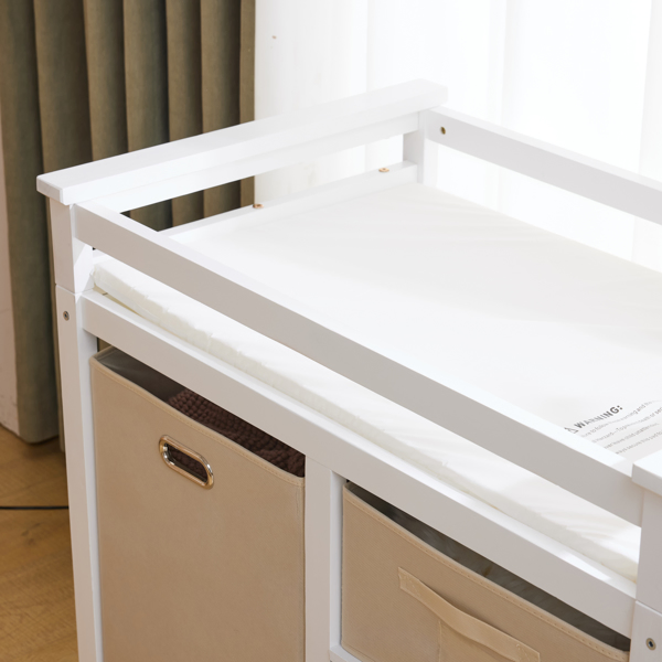 White painted pine wood frame, removable top, 87*53*87.5cm children's wooden bed with 3 fabric drawers + 1 fabric bag, and a changing table-46