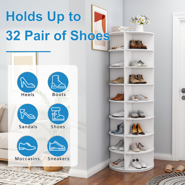 Rotating Shoe Rack Tower, 8-Tier Spinning Storage Rack, Free Standing 360° Revolving Shoe Organizer, Holds 32 Pairs of Shoes (8-Tier,White) -27