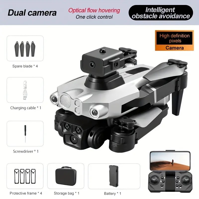 Silver dual-camera drone, equipped with optical flow hovering and intelligent obstacle avoidance functions, supports one-click operation. It offers stable and safe high-definition aerial photography