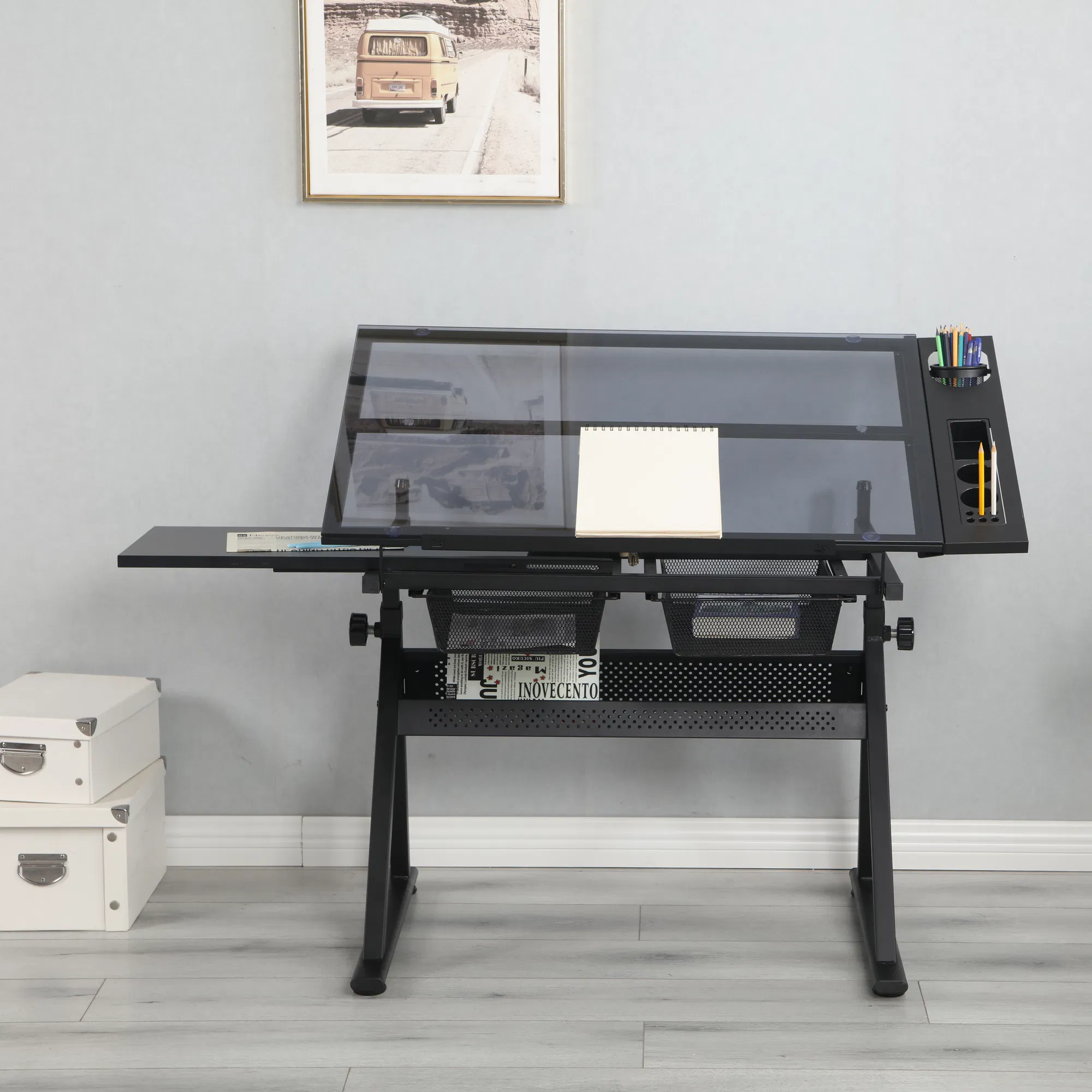 black adjustable tempered glass drafting printing table with chair image 9