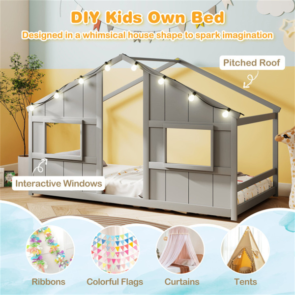 Twin-Size Kids House Gray Floor Bed- 82