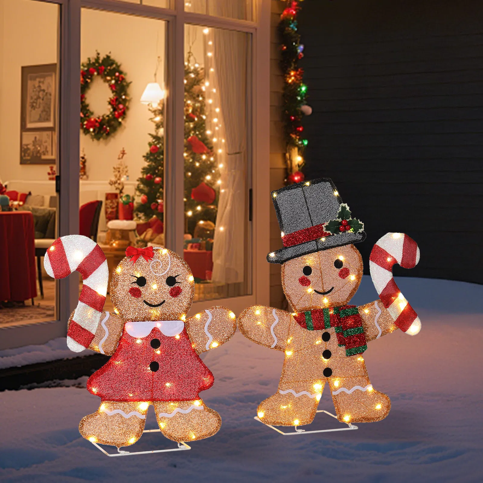 Set of 2 Lighted Gingerbread Man and Candy Cane Christmas Decorations, Pre-lit 2D Holiday Decor with 80… image 11