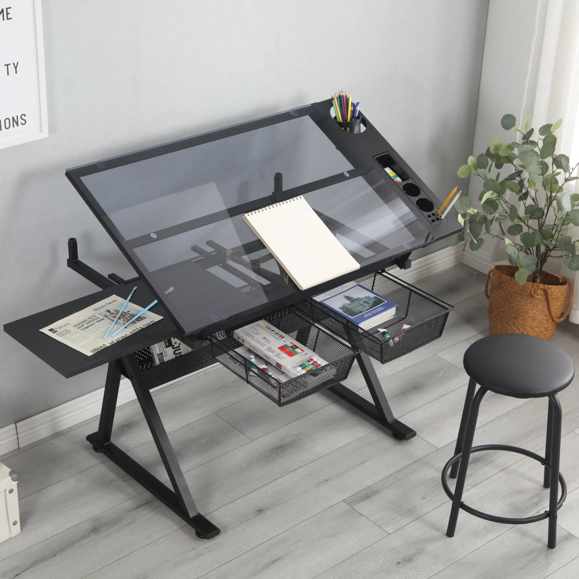 black adjustable tempered glass drafting printing table with chair image 8