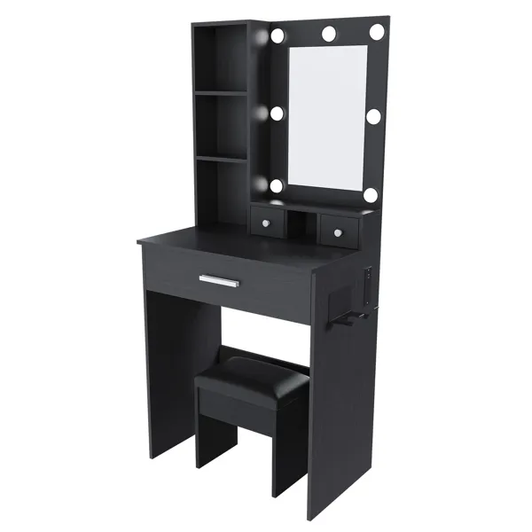 Vanity Table with Mirror & Adjustable LED Lights, Power Outlet, Hairdryer Holder & Stool – Compact… image 10