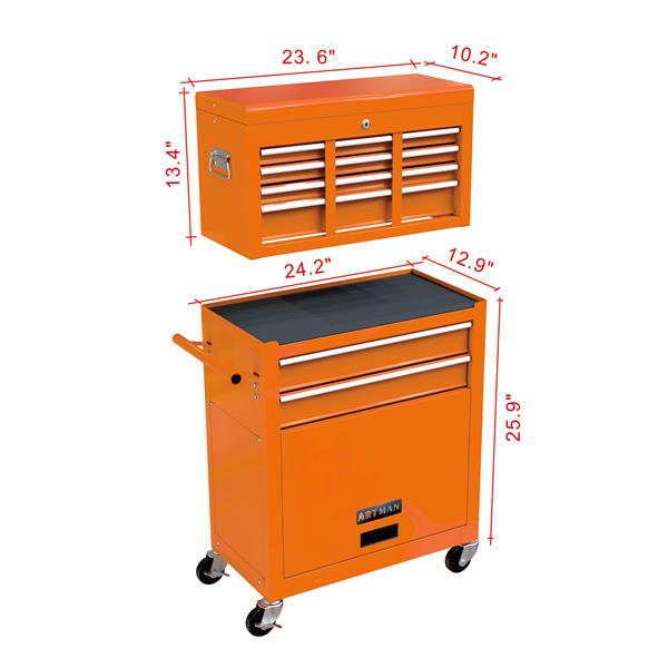 带轮子和抽屉的大容量滚动工具箱, 8抽屉工具储物柜--橙色-19