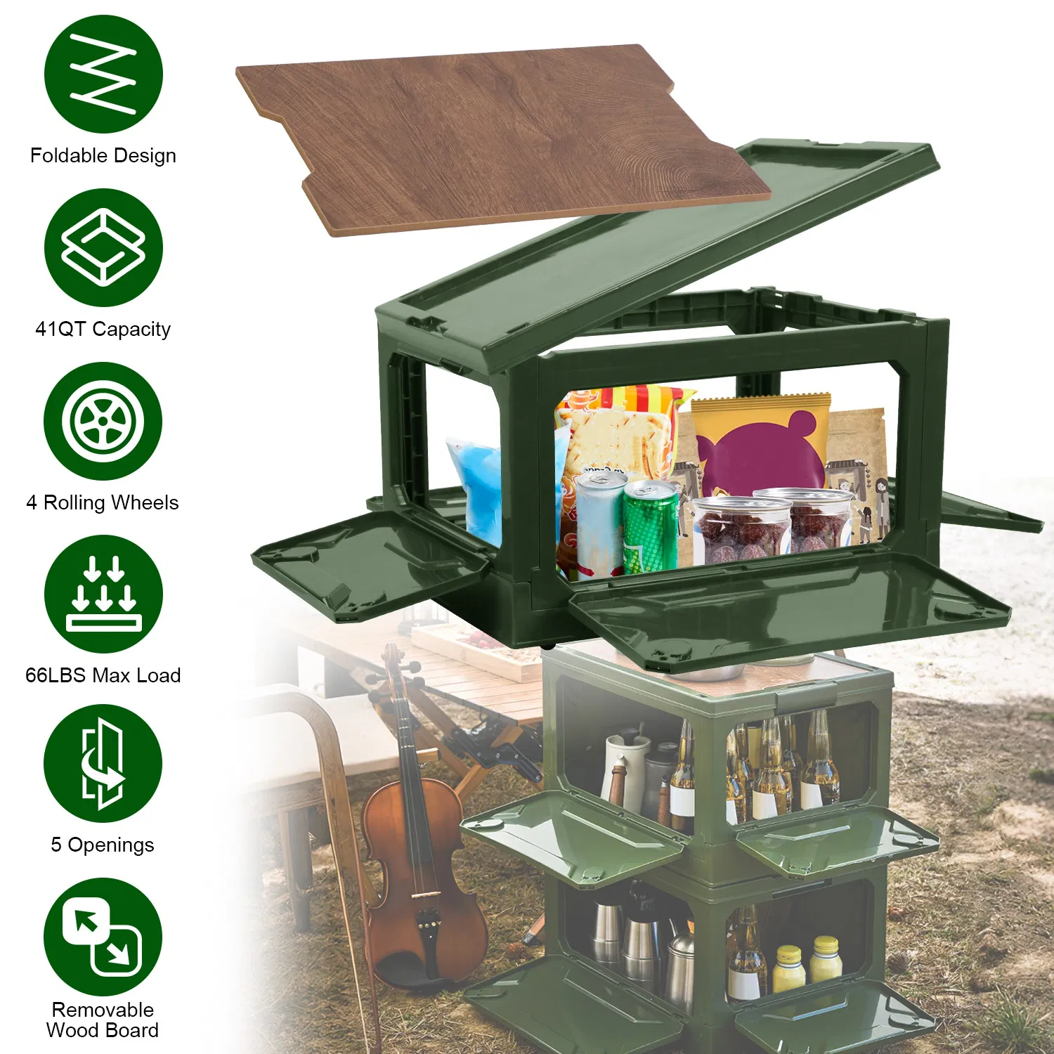 1Pc Folding Storage Bin Camping Collapsible Organizer Box Stackable Grocery Container Shelf Baskets with Cutting Board Top Lid 4 Side Lockable Doors Wheels for Camping Home Car RV