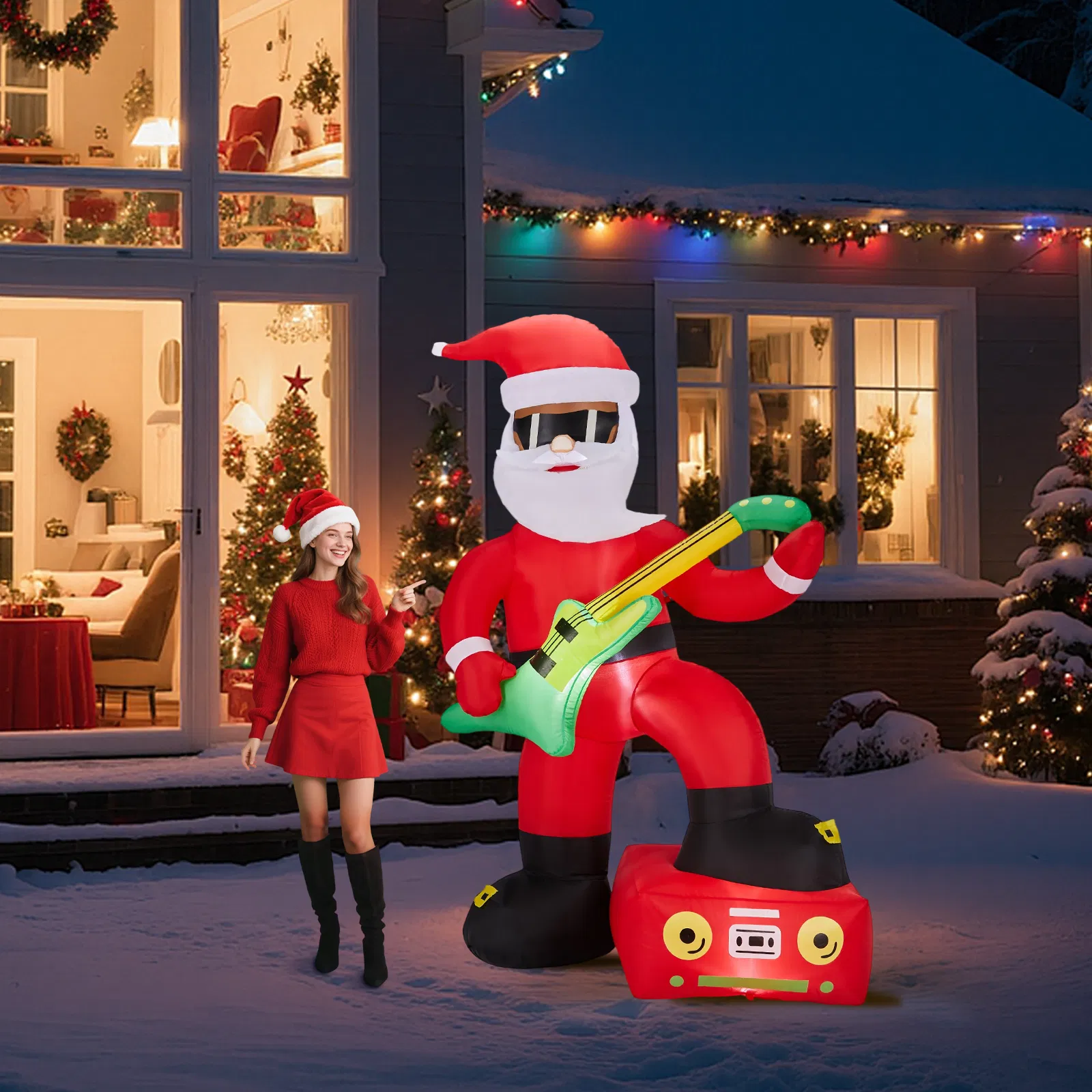 7.5FT Lighted Christmas Inflatable Decoration, Inflatable Black Santa Playing Electric Guitar, Funny Blow… image 12