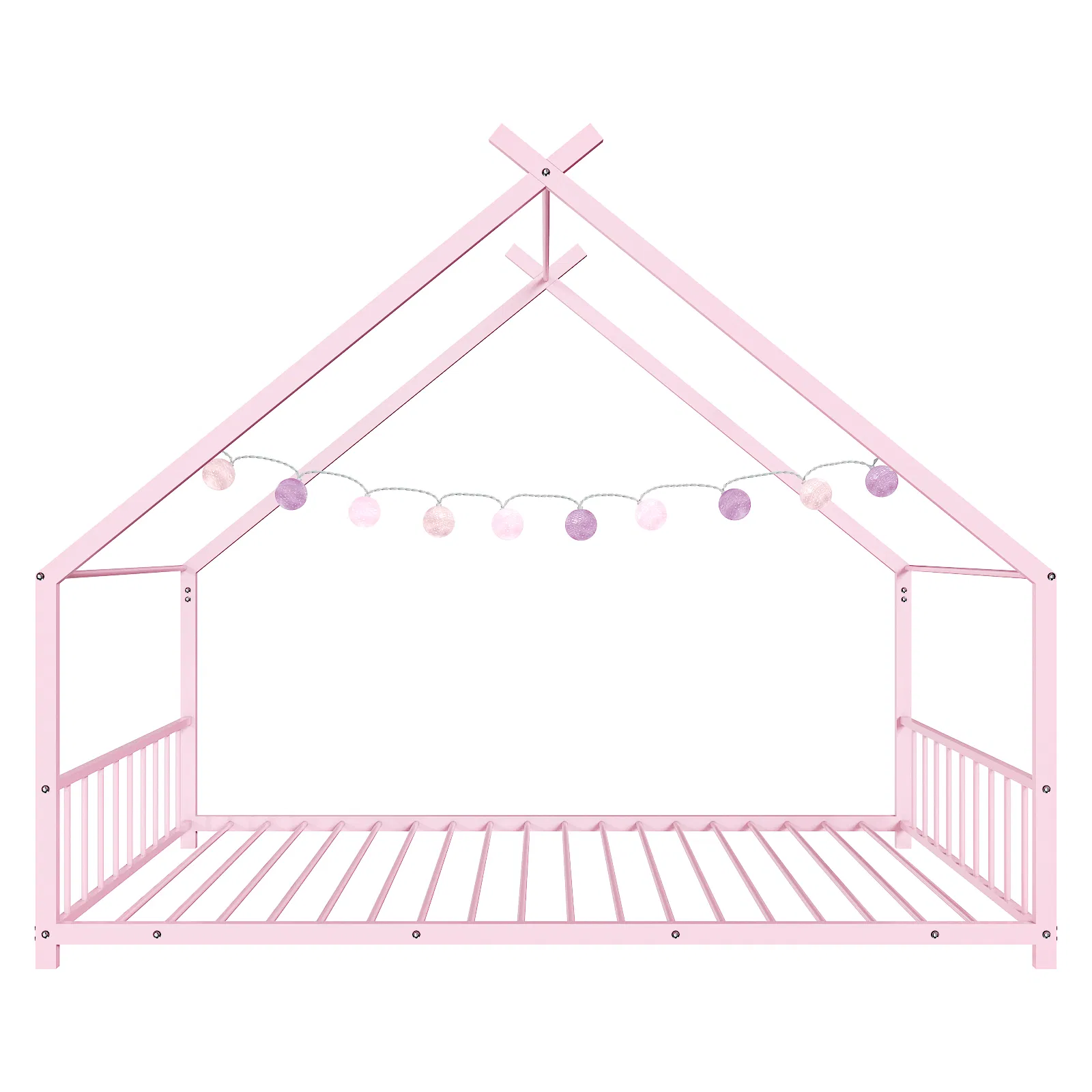Pink Flat Bed House Shape with Side Guardrails Twin Children's Iron Bed image 9