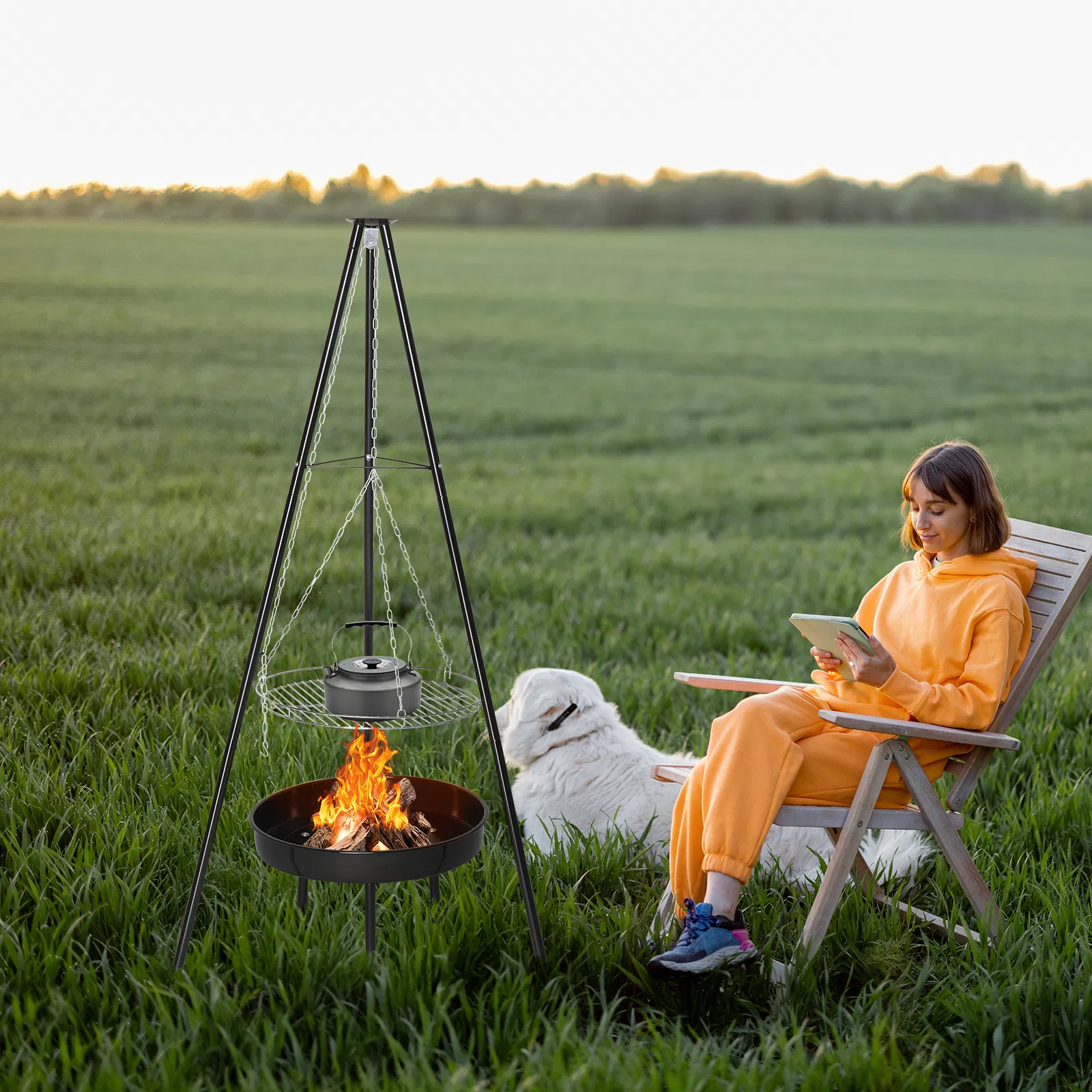 Campfire Tripod Grill, Adjustable Height BBQ Grill Grate with Fire Bowl for Outdoor Camping BBQ, Black image 13