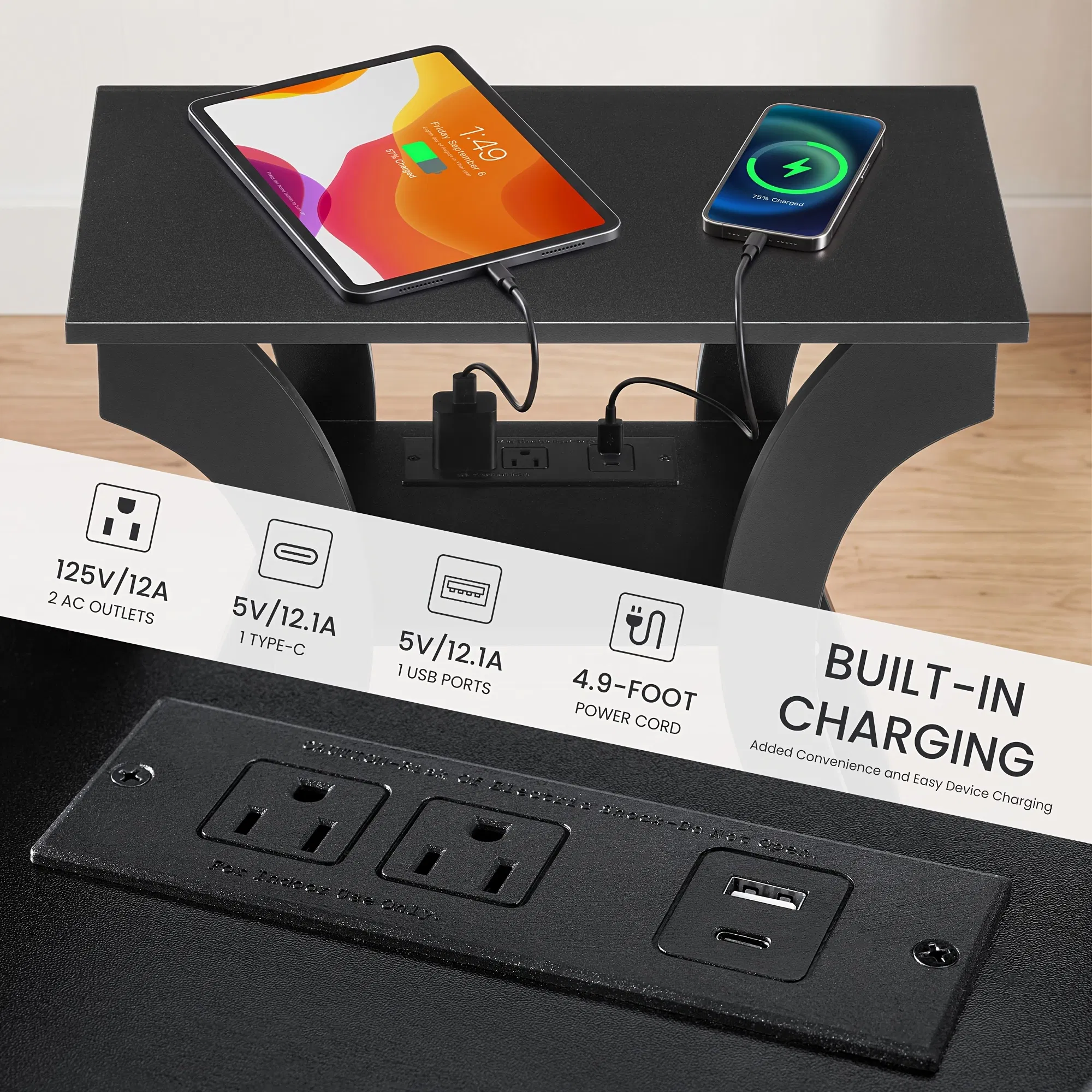 3-Tier Nightstand with Charging Station, Modern Bedside Table with USB Ports And Outlets, Slim End Table for Bedroom, Small Apartment, Dorm Room image 3
