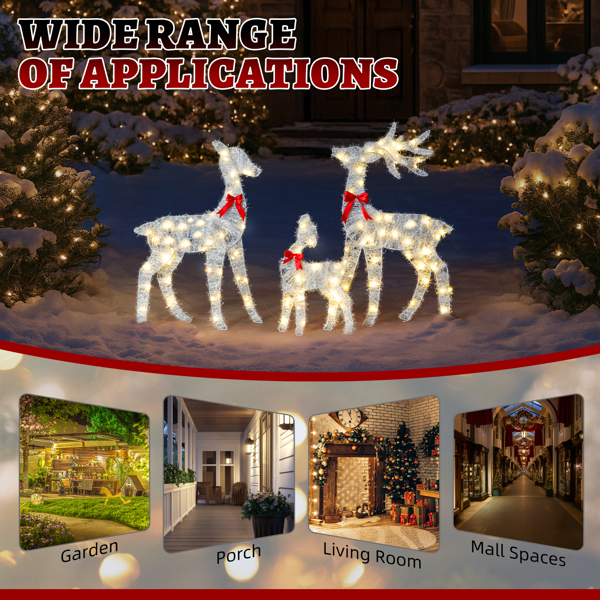 3-Piece Lighted Tinsel Christmas Reindeer Family Set Outdoor Decorations, Weather Proof Deer Family Set of 3 Christmas Ornament Home Decor Pre-lit 110 LED Warm White Lights, 2.4FT, White-21