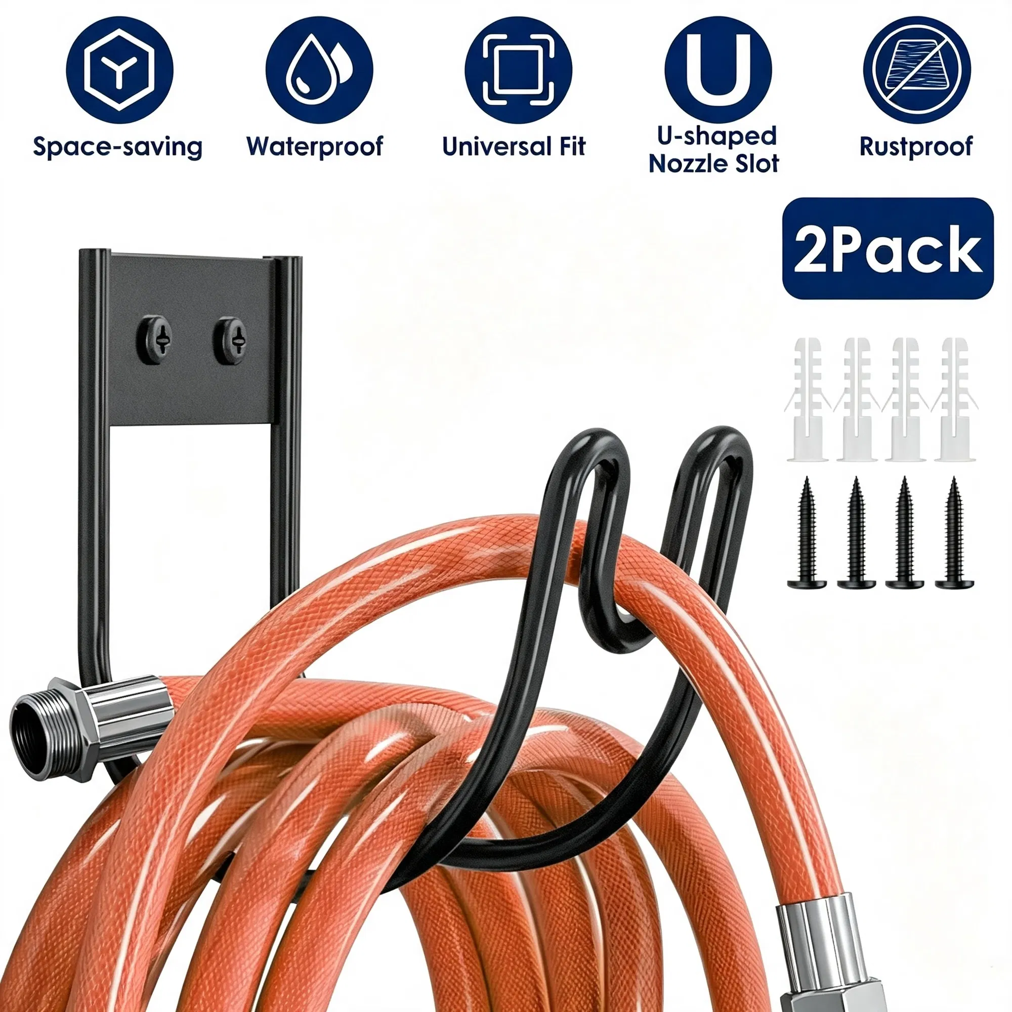 2PCS Garden Hose Wall Mount Holder, Rust-Resistant 304 Stainless Steel Hose Organizer, U-Shaped Nozzle Slot, Fits Multiple Hose Sizes for Backyard & Garage