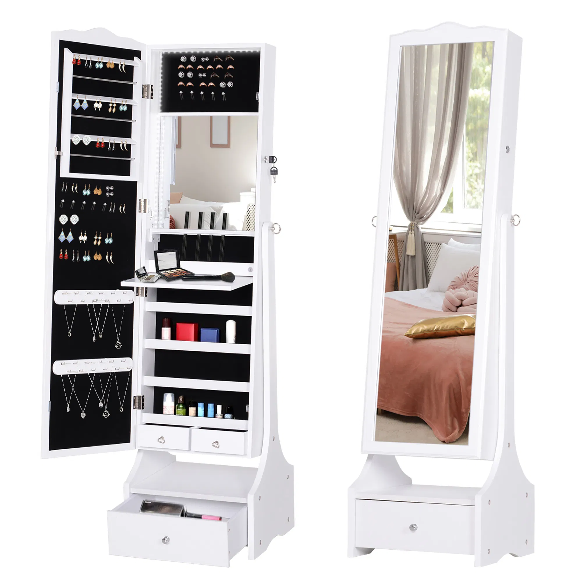 Standing Jewelry Armoire: With LED Lights, Full-Length Mirror, Adjustable Angle, White