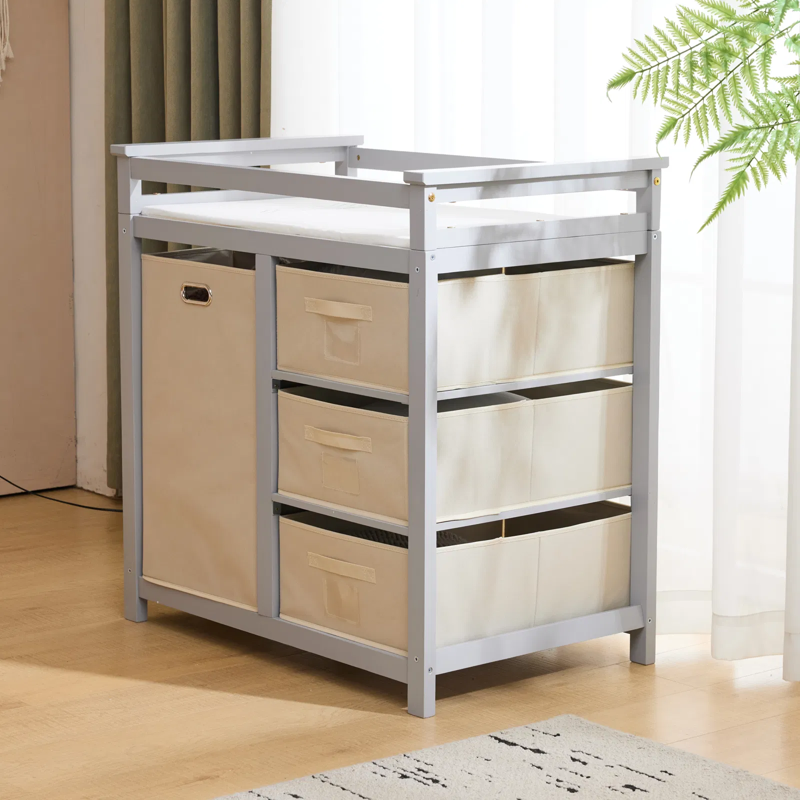 Gray painted pine wood frame children's bed with removable top, 87*53*87.5cm, includes 3 fabric drawers… image 8