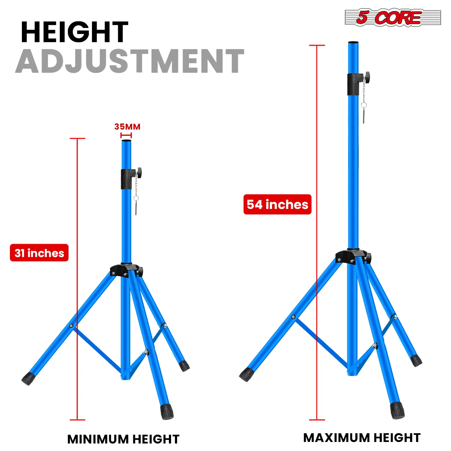 5 Core Speaker Stand Pair Adjustable 31 to 54" PA DJ Tripod Stands Heavy Duty w 35mm Add 132 Lbs image 2
