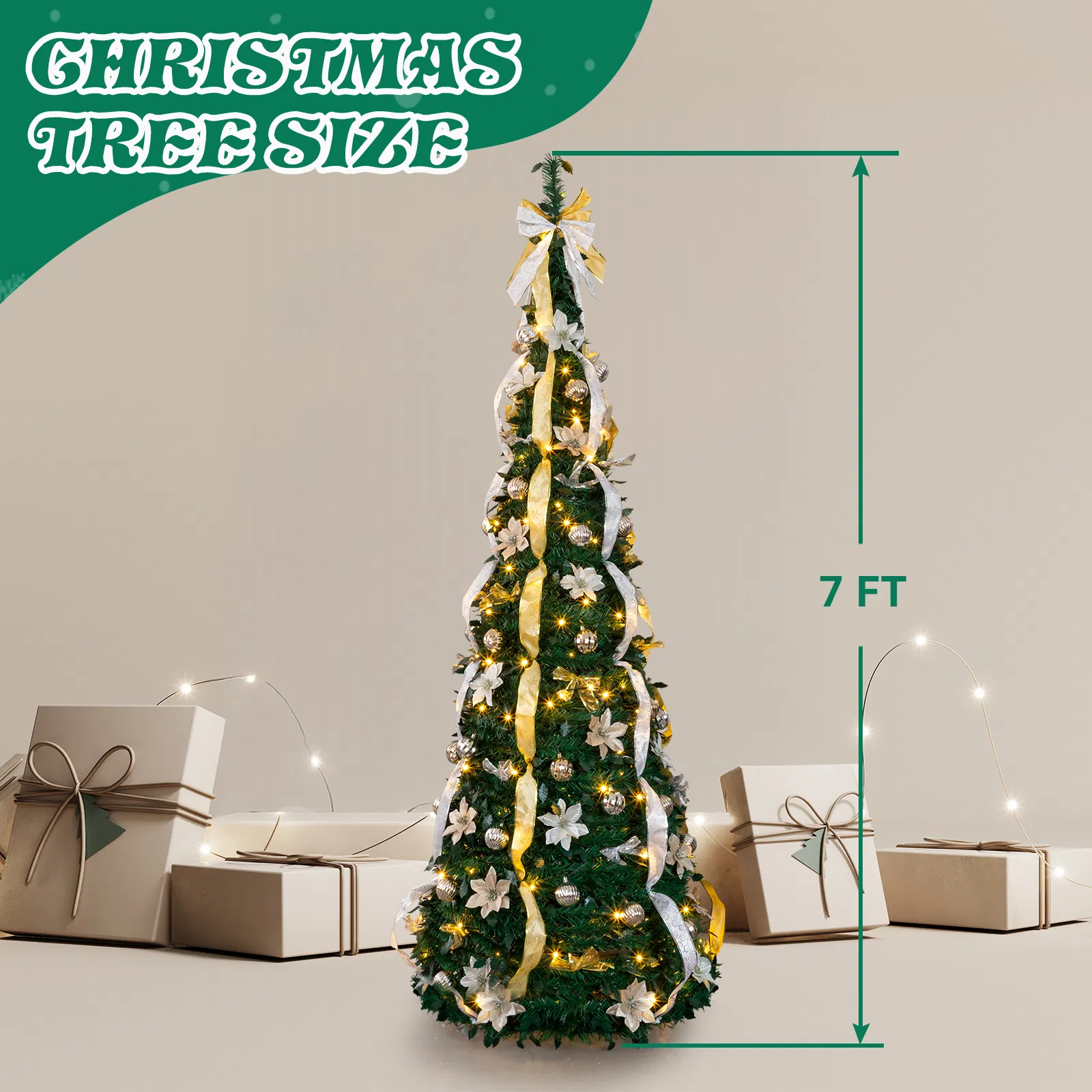 7 FT Fully Decorated Pre-lit Christmas Tree, Pop Up Artificial Xmas Tree with 200 Warm Lights Remote… image 3