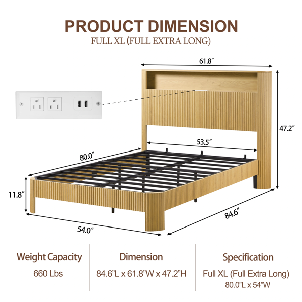 Full Extra Long(Full XL) Size bed frame with storage headboard, built-in charging station, wavy curved lines design, silent operation, metal support, Natural-11