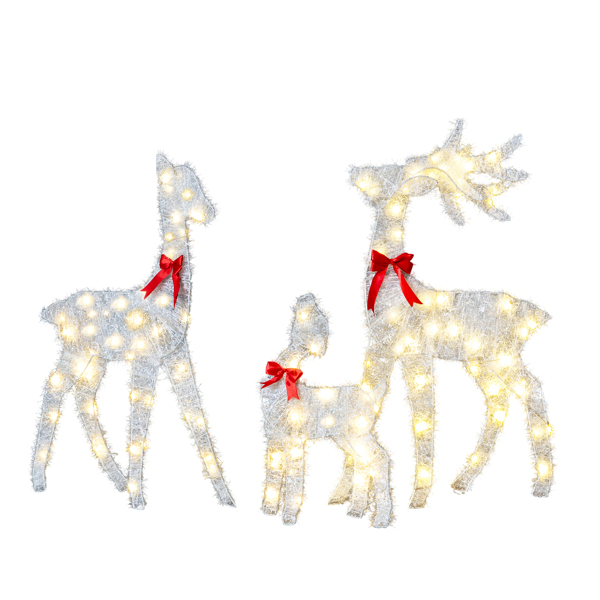 3-Piece Lighted Tinsel Christmas Reindeer Family Set Outdoor Decorations, Weather Proof Deer Family Set of 3 Christmas Ornament Home Decor Pre-lit 110 LED Warm White Lights, 2.4FT, White-29