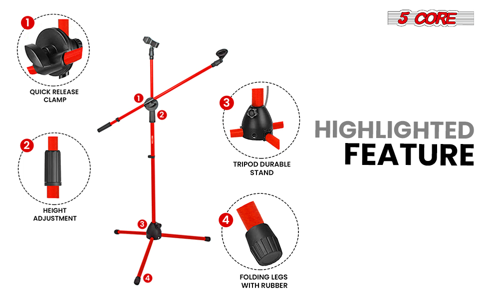 5 Core Mic Stand Floor Height Adjustable Tripod Microphone Stands w Extending Telescoping Boom Arm - MS DBL G image 12