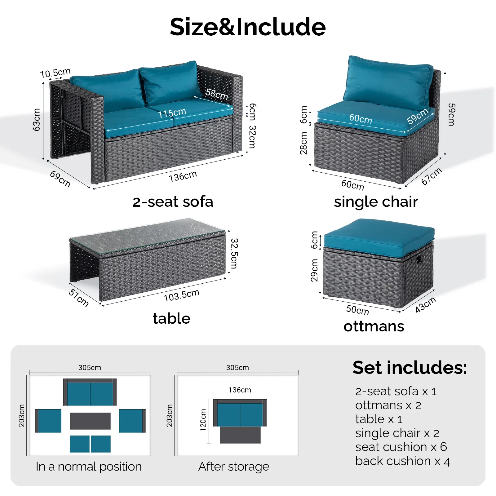 2pcs armless sofa + 2pcs footstool + 1pcs double sofa + 1pcs coffee table with storage black rattan and peacock green cushions, rattan multi-piece set image 4