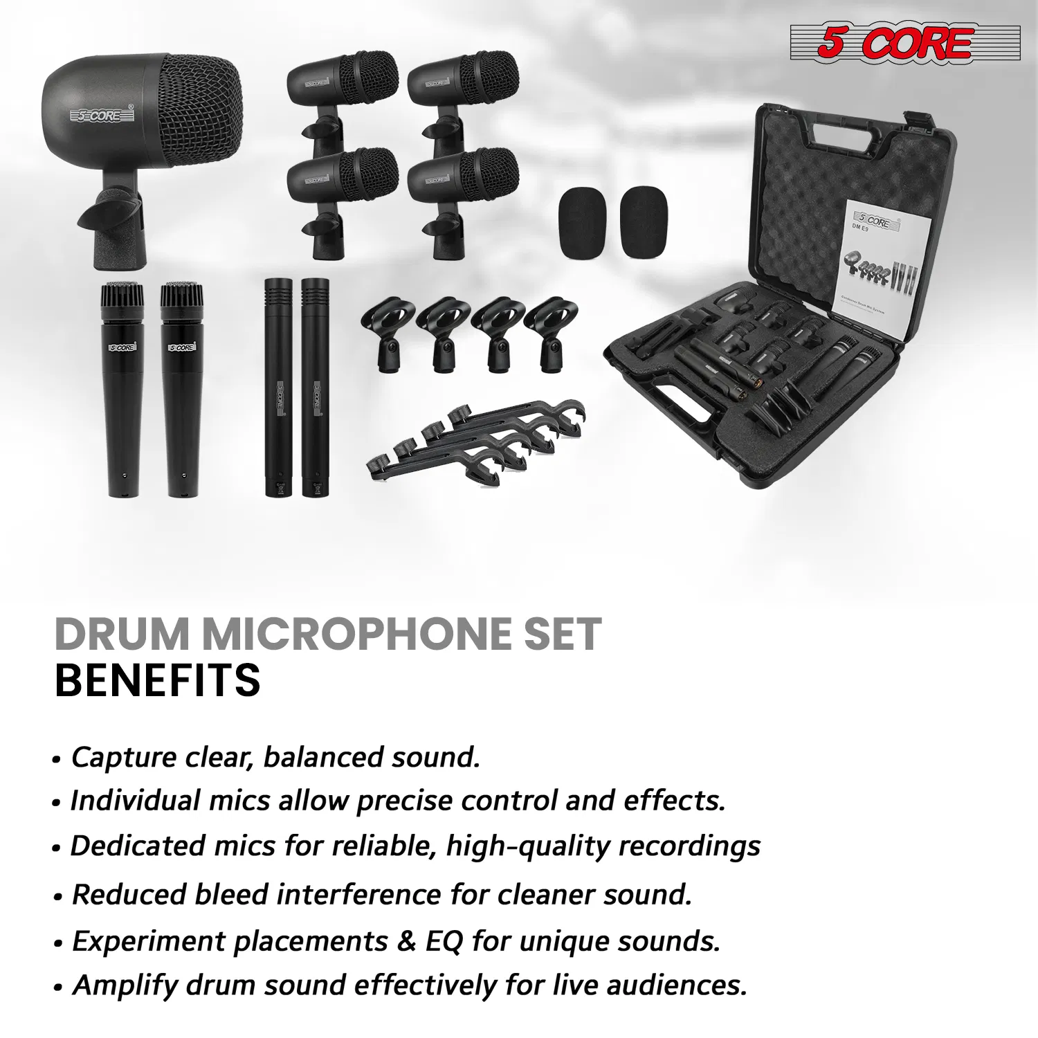 5 Core Drum Microphone Kit 9Pc All Metal Drummer Mics Tom/Snare & Cymbals Wired Instrument Drums Set image 13