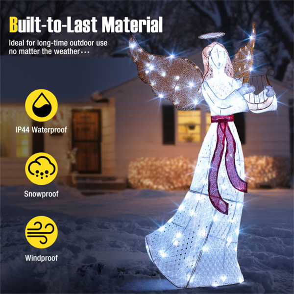 5ft Pre-Lit Christmas Angel Decor - 120 Cold White LEDs, IP44 Waterproof, Metal+Mesh Fabric-15