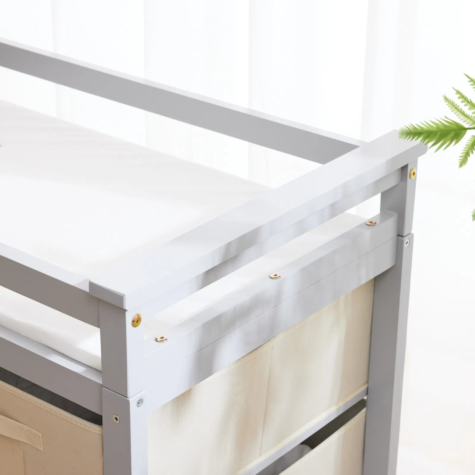 Gray painted pine wood frame children's bed with removable top, 87*53*87.5cm, includes 3 fabric drawers… image 12
