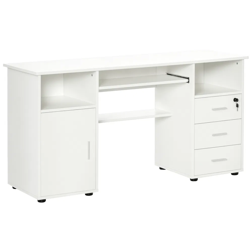 Computer Desk with Keyboard Tray and Drawers, Writing Desk, Home Office Workstation, White