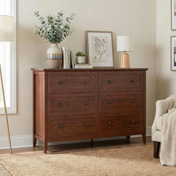 Brown (1061 Solid Cherry Wood) P2 Particleboard + MDF, Melamine finish, 120*40*80cm, Framed construction, Double row of six drawers with double handles, Drawer cabinet-19
