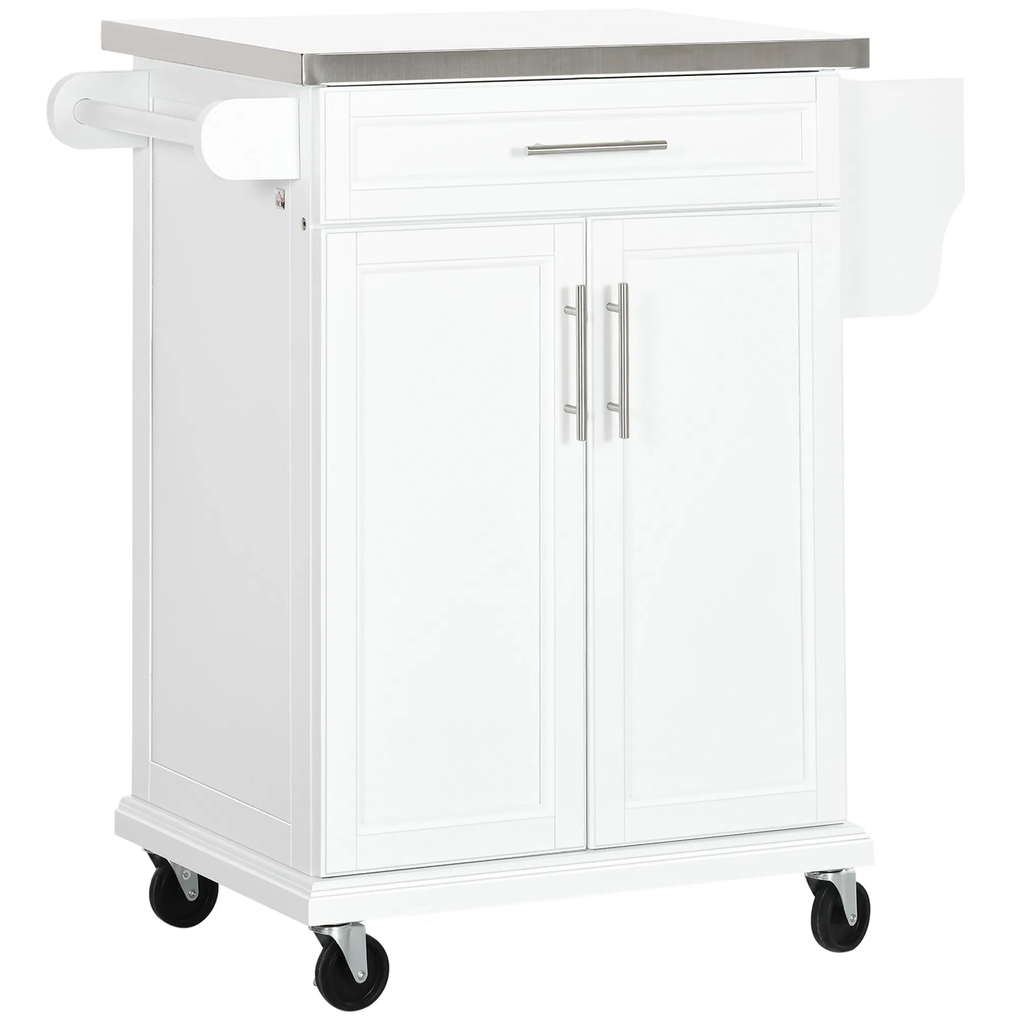 Kitchen Island with Stainless Steel Top, Rolling Kitchen Cart on Wheels with Storage Drawer, Cabinet, Towel Rack and Spice Rack (White)