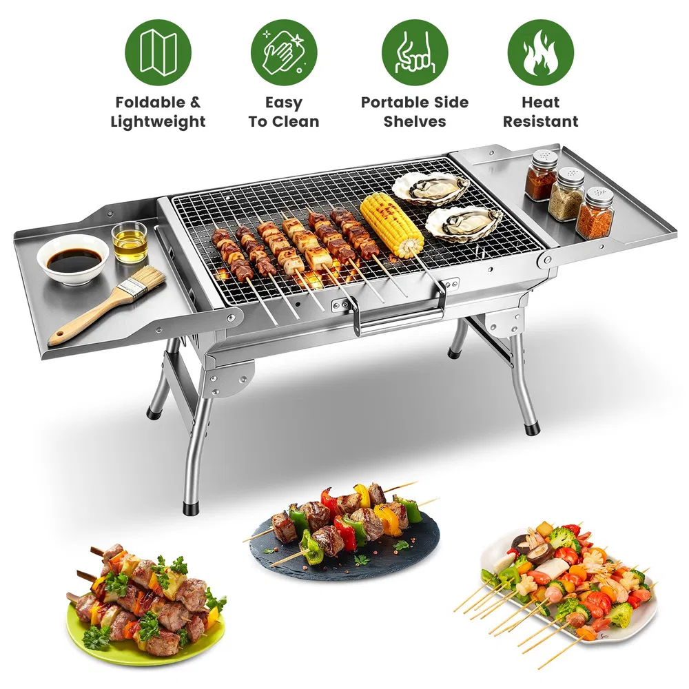 Camping Charcoal Grill, Foldable Portable BBQ Barbecue Grill with Dual Side Panels, Ventilation Holes…