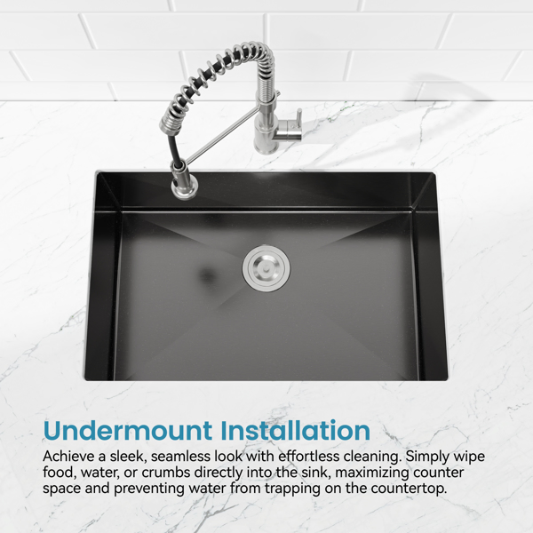 Kitchen Sink, 27″x19″ Single Bowl, Undermount Handmade Sink in Black, with US Standard Drain and Hook[Unable to ship on weekends,usps/fedex]-19
