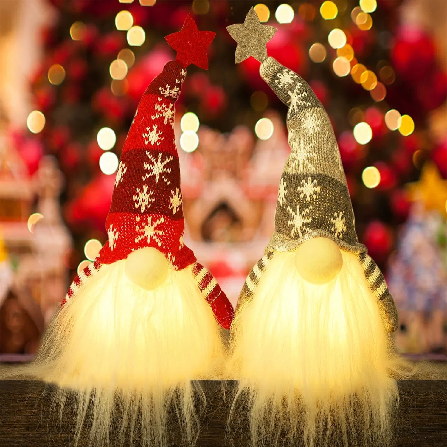 Lighted Christmas Gnome, Handmade Plush Scandinavian Swedish Tomte, Light Up Elf Toy Holiday Present, Battery Operated Winter Tabletop Christmas Decorations, 2 Set
