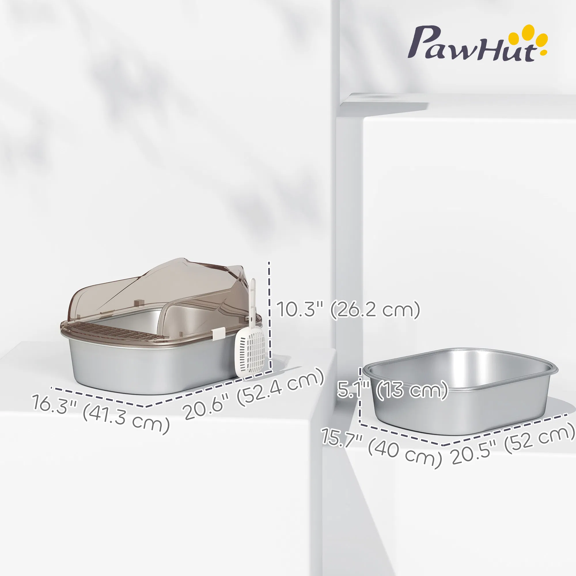 Stainless Steel Cat Litter Box with High Sided Enclosure, Steps & Scoop, Non-Sticky & Anti-Urine Leakage, Easy Cleaning