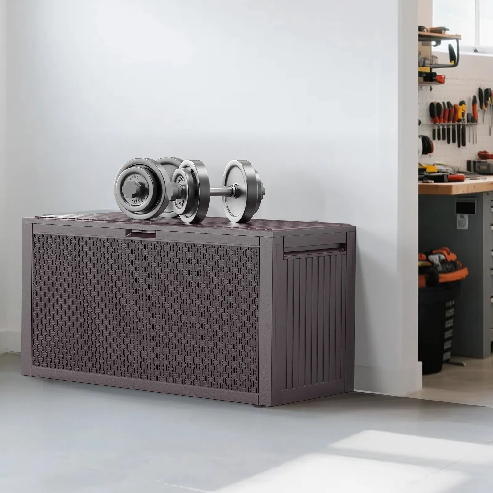 90gal Outdoor Garden Plastic Storage Deck Box Chest Tools Cushions Toys Lockable Seat image 3