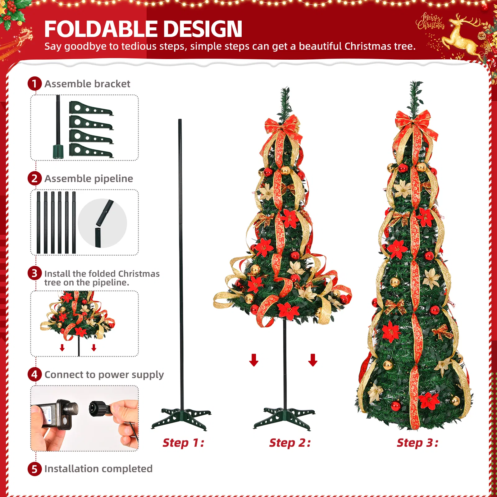 6 FT Fully Decorated Pre-lit Christmas Tree, Pop Up Artificial Xmas Tree with 150 Warm Lights Battery Operated and Red & Golden Ornaments for Home Office Store Holiday Deco image 7