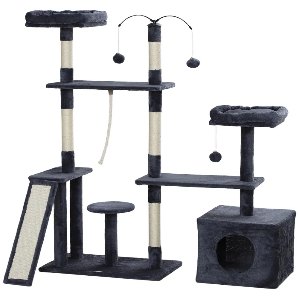 53" Cat Tree, Cat Tower with Scratching Posts, Cat Condo, Beds, Platforms, Toy Balls for Indoor Cats, Dark Grey