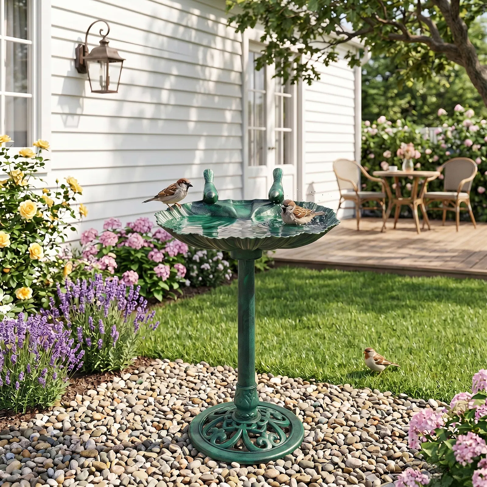 50*36*81cm Dark Green Resin Bird Bath With Shell Edge & 1.4W Solar Fountain image 9