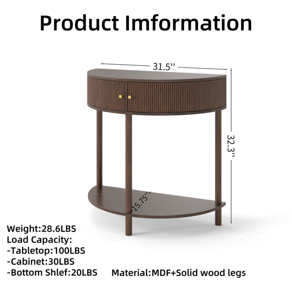 Artisan-Crafted Wave-Pattern Demi-Lune Console Table with Brown Woodgrain,Unique Half Moon Design End Table with 2 Storage Drawers and Bottom Shelf for Living room, Bedroom, Study, Hallway-18