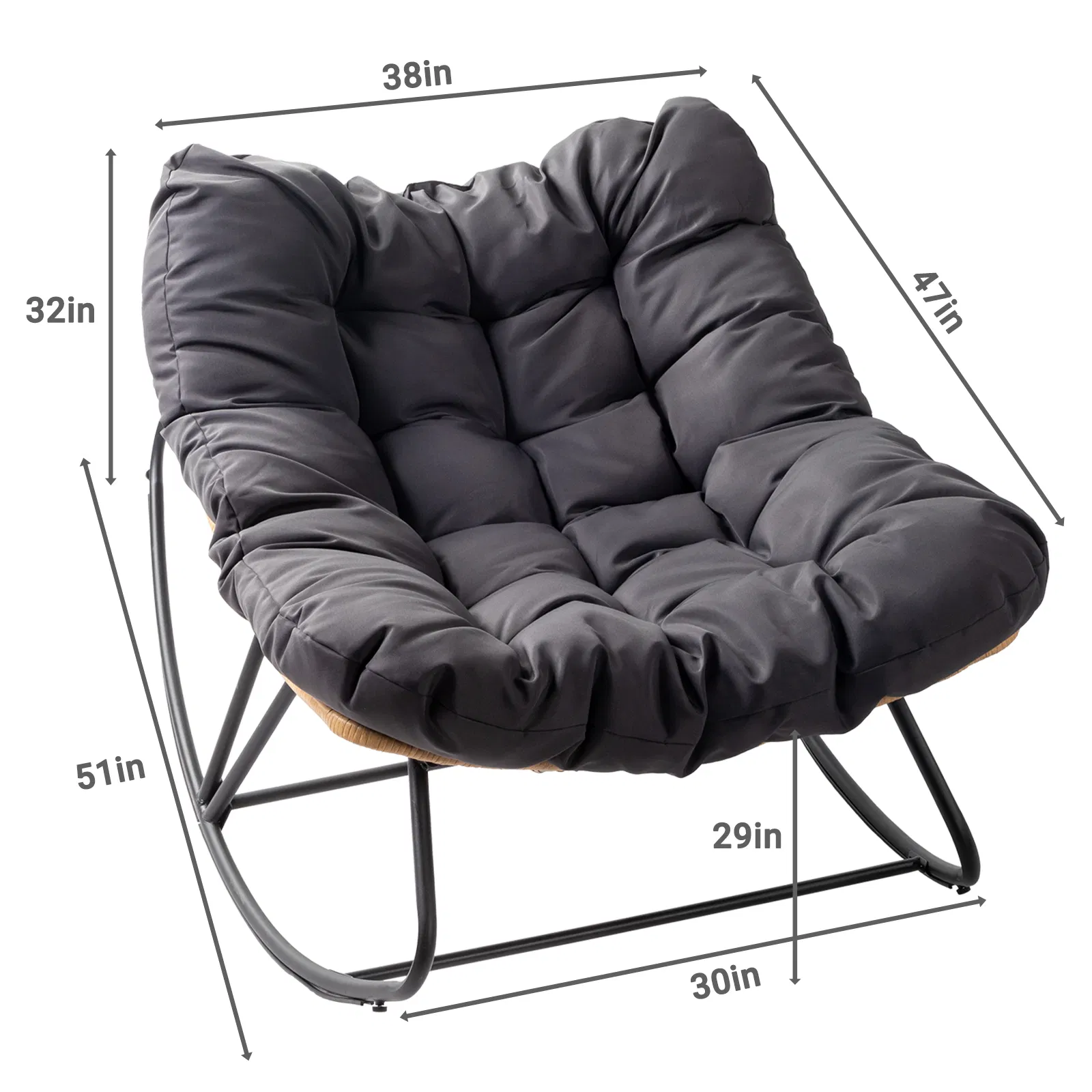 [Replace 58406521]Outdoor Rocking Chair, Oversized Patio Papasan Rocker, Comfy Reading Lounge Chair Egg Chair for Indoor Use, Patio, Porch, Garden, Dark Gray image 5