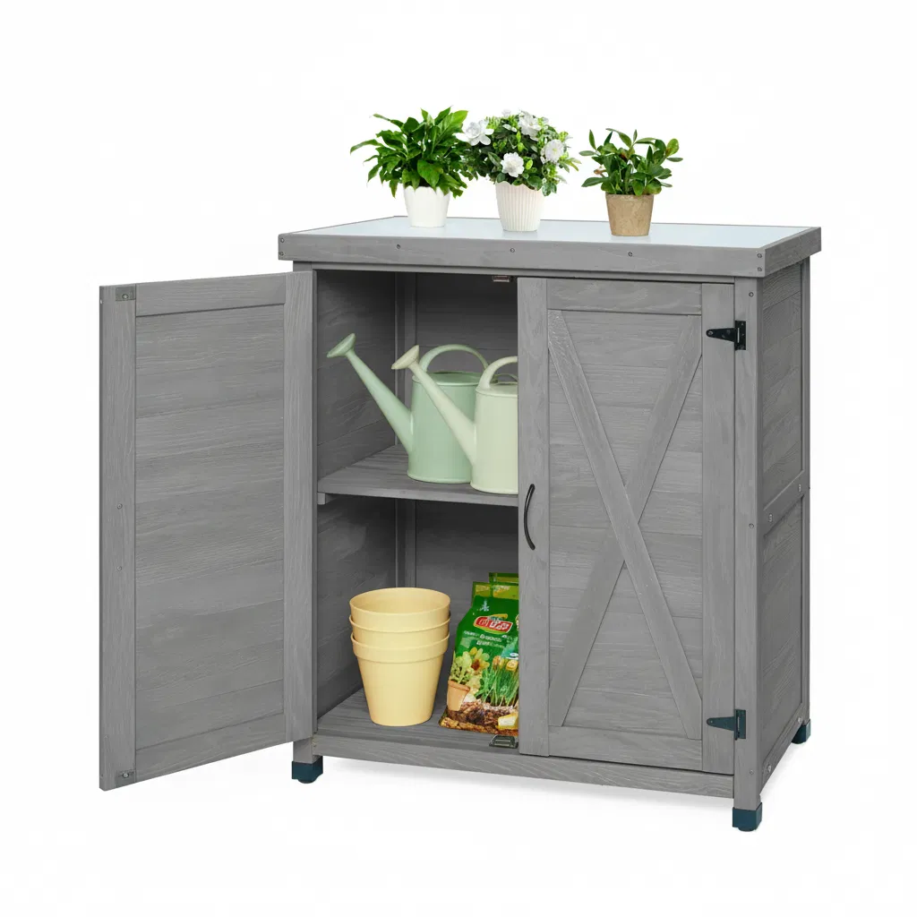Potting Bench with Storage Cabinet and Metal Table Top for Outdoor Patio,Outdoor Work Station Table